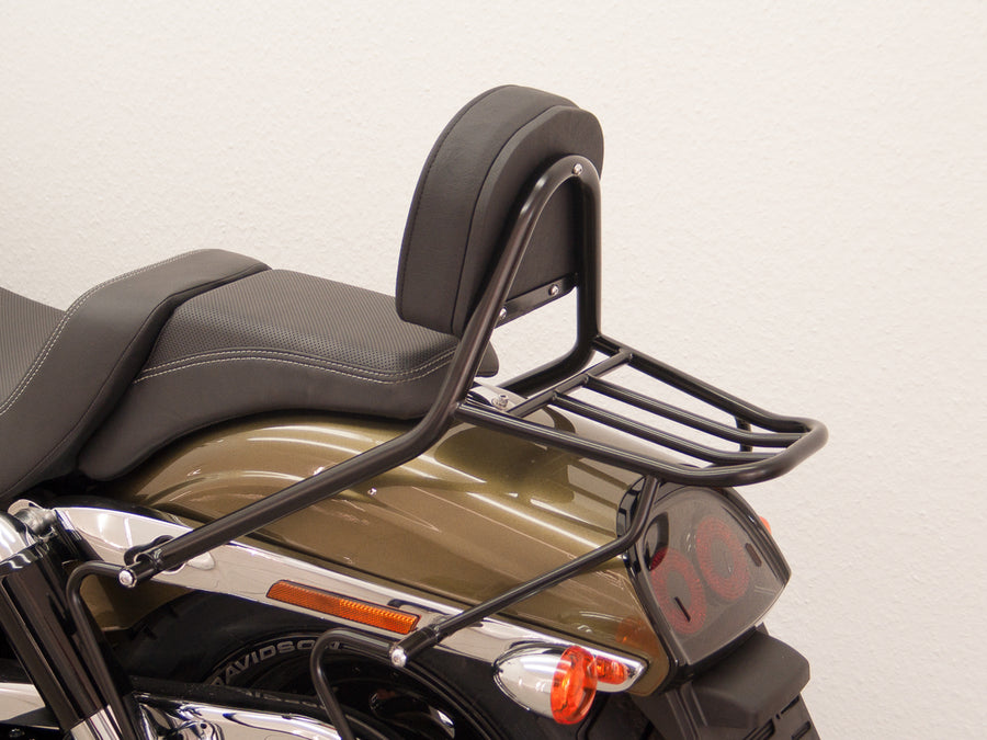 Harley Davidson Dyna Fat Bob [2008-2013] - passenger Sissy Bar with pillow and luggage rack, black