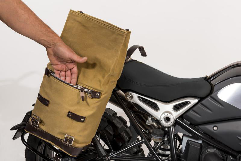 BMW R nineT 1200 Urban G/S (niedriger Auspuff) [2017-2023] - Scram Seitentasche in Canvas 22L-30L + Hilfsrahmen der NineT-Serie